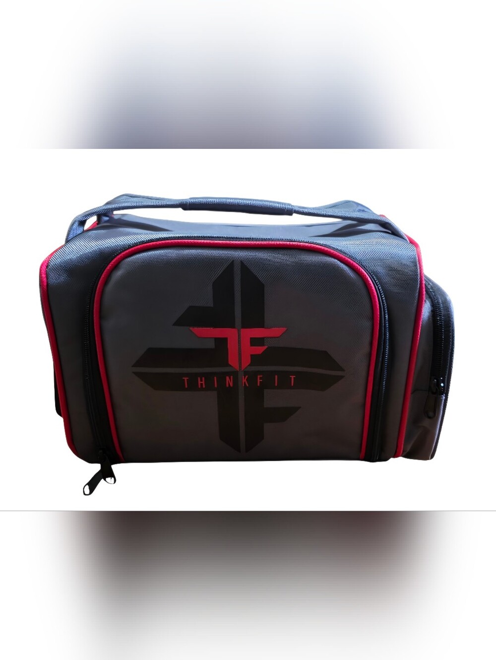 ThinkFit Reusable Rectangular Lunch Bag Black Red Zip Lid 2 Compartments